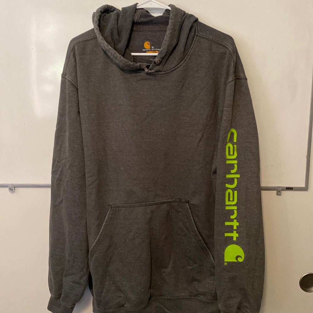 Carhartt men’s oversized cozy hoodie gray, well worn and manly.